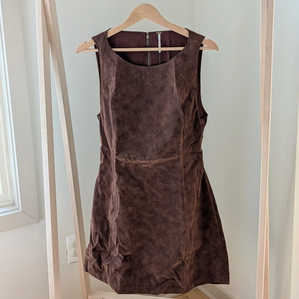 NWT Free People Atlas Sleeveless Faux Suede Mini Dress In Brown - L